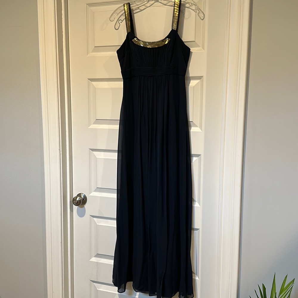 Navy blue with gold sequin trim silk chiffon empire waist full length BCBG